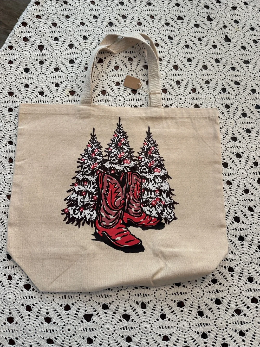 Canvas Tote Bag with Red Boot and Tree Graphic